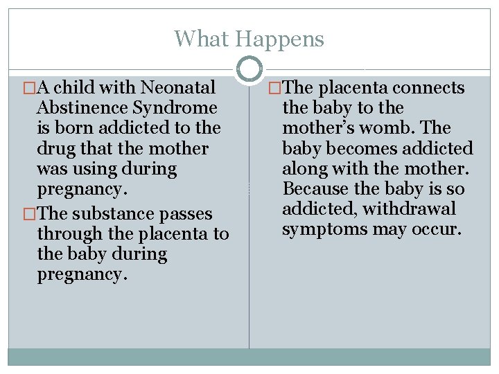 What Happens �A child with Neonatal Abstinence Syndrome is born addicted to the drug