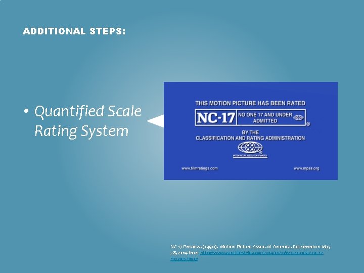 ADDITIONAL STEPS: • Quantified Scale Rating System NC-17 Preview. (1990). Motion Picture Assoc. of