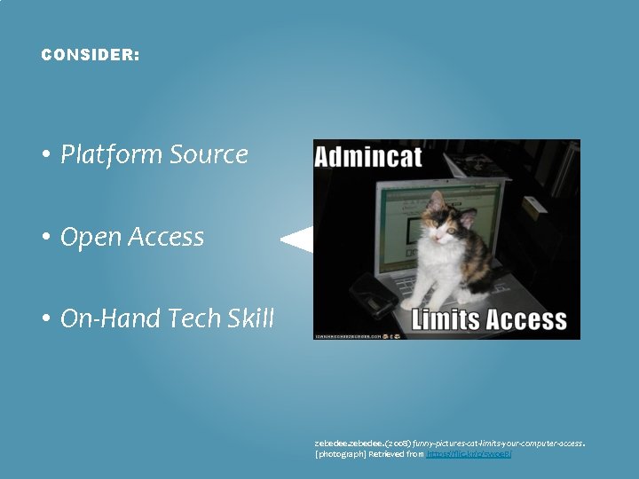 CONSIDER: • Platform Source • Open Access • On-Hand Tech Skill zebedee. (2008) funny-pictures-cat-limits-your-computer-access.