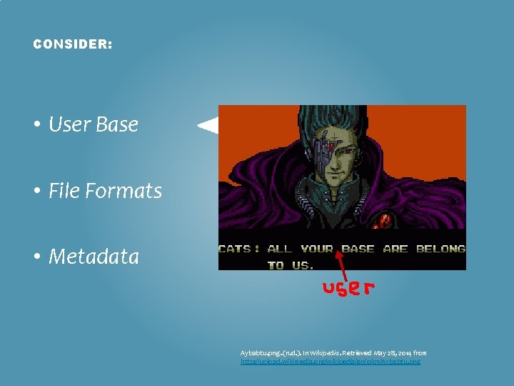 CONSIDER: • User Base • File Formats • Metadata Aybabtu. png. (n. d. ).