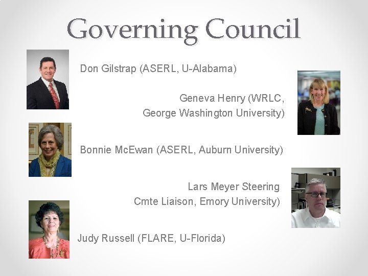 Governing Council Don Gilstrap (ASERL, U-Alabama) Geneva Henry (WRLC, George Washington University) Bonnie Mc.