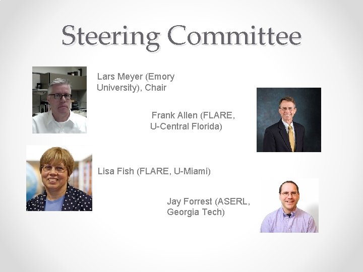 Steering Committee Lars Meyer (Emory University), Chair Frank Allen (FLARE, U-Central Florida) Lisa Fish