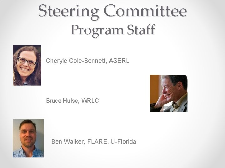 Steering Committee Program Staff Cheryle Cole-Bennett, ASERL Bruce Hulse, WRLC Ben Walker, FLARE, U-Florida