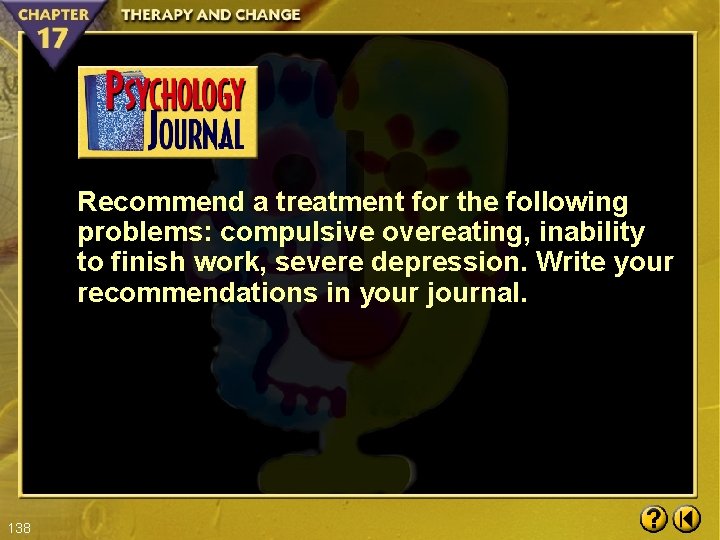 Recommend a treatment for the following problems: compulsive overeating, inability to finish work, severe