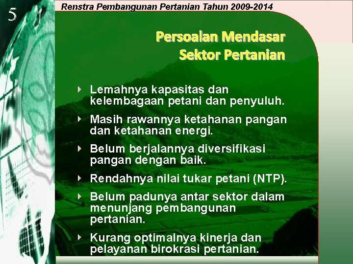 5 Renstra Pembangunan Pertanian Tahun 2009 -2014 Persoalan Mendasar Sektor Pertanian Lemahnya kapasitas dan