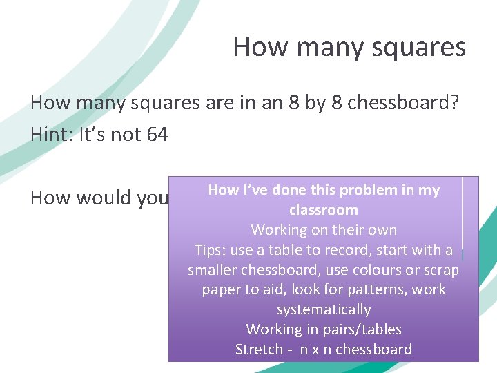 How many squares are in an 8 by 8 chessboard? Hint: It’s not 64