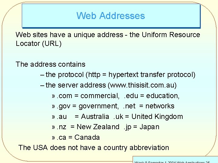 Web Addresses Web sites have a unique address - the Uniform Resource Locator (URL)