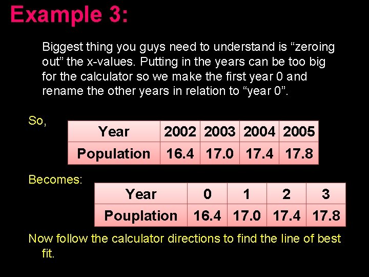 Example 3: Biggest thing you guys need to understand is “zeroing out” the x-values. Example 3: Biggest thing you guys need to understand is “zeroing out” the x-values.