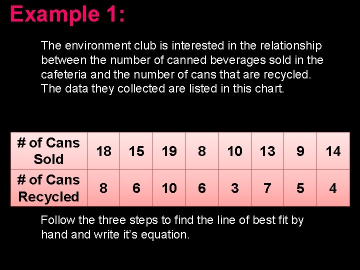 Example 1: The environment club is interested in the relationship between the number of Example 1: The environment club is interested in the relationship between the number of