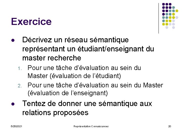 Exercice Décrivez un réseau sémantique représentant un étudiant/enseignant du master recherche l 1. 2.