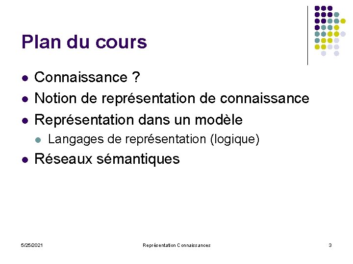 Plan du cours l l l Connaissance ? Notion de représentation de connaissance Représentation