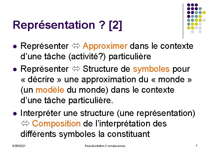 Représentation ? [2] l l l Représenter Approximer dans le contexte d’une tâche (activité?