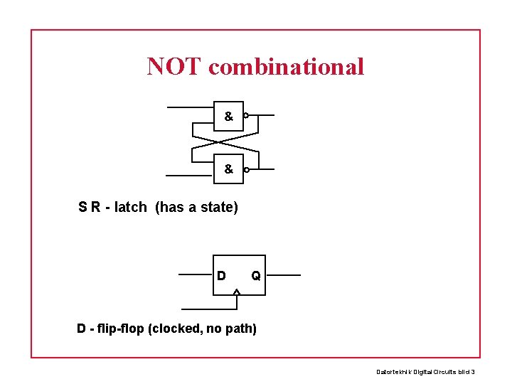 NOT combinational & & S R - latch (has a state) D Q D