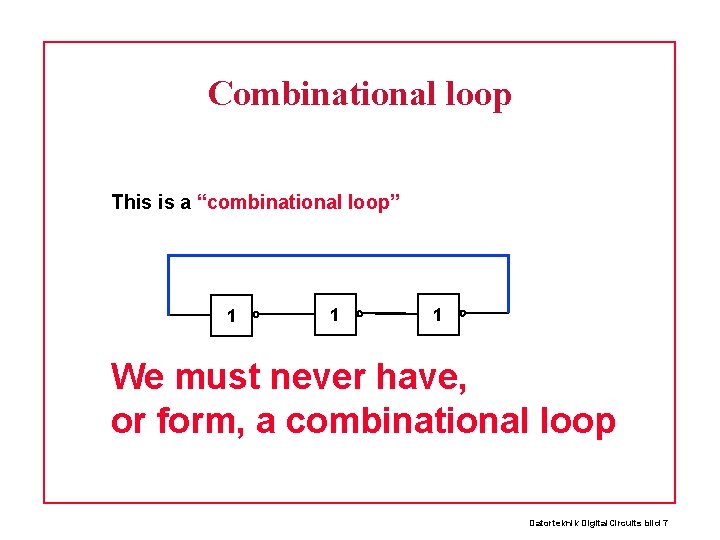 Combinational loop This is a “combinational loop” 1 1 1 We must never have,