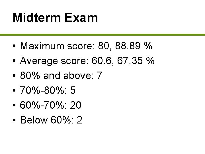 Midterm Exam • • • Maximum score: 80, 88. 89 % Average score: 60.