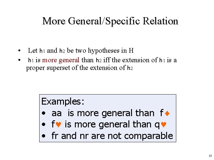 More General/Specific Relation • Let h 1 and h 2 be two hypotheses in