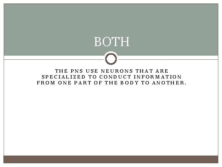BOTH THE PNS USE NEURONS THAT ARE SPECIALIZED TO CONDUCT INFORMATION FROM ONE PART