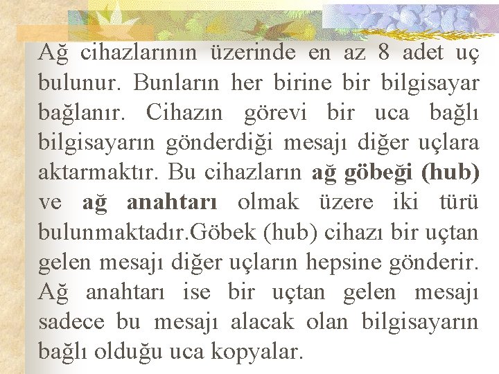 Ağ cihazlarının üzerinde en az 8 adet uç bulunur. Bunların her birine bir bilgisayar