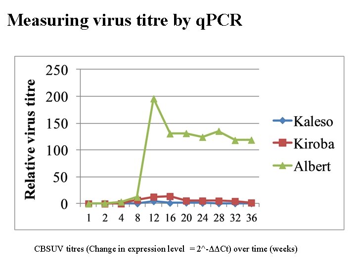Measuring virus titre by q. PCR CBSUV titres (Change in expression level = 2^-ΔΔCt)
