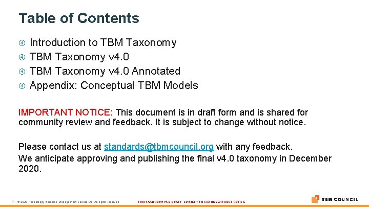 Table of Contents Introduction to TBM Taxonomy v 4. 0 Annotated Appendix: Conceptual TBM