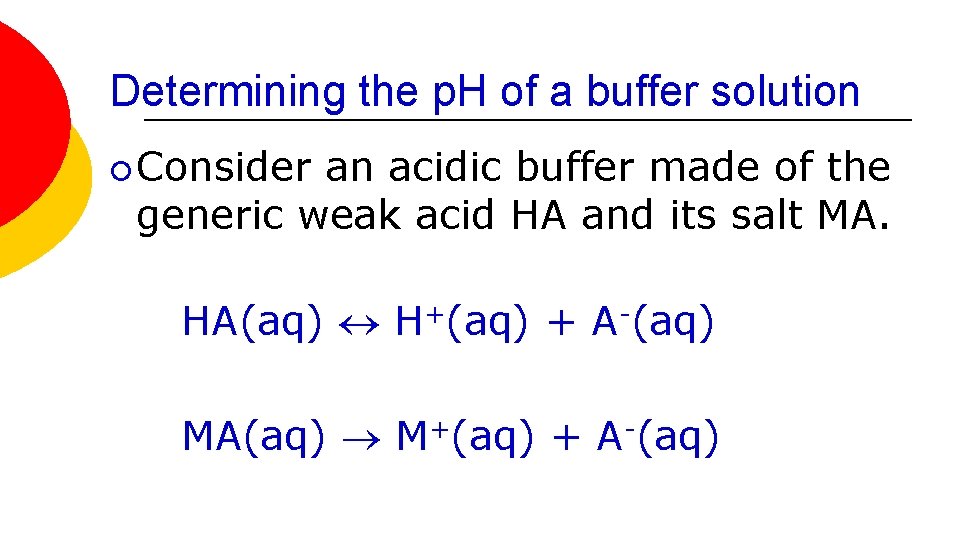 Determining the p. H of a buffer solution ¡ Consider an acidic buffer made