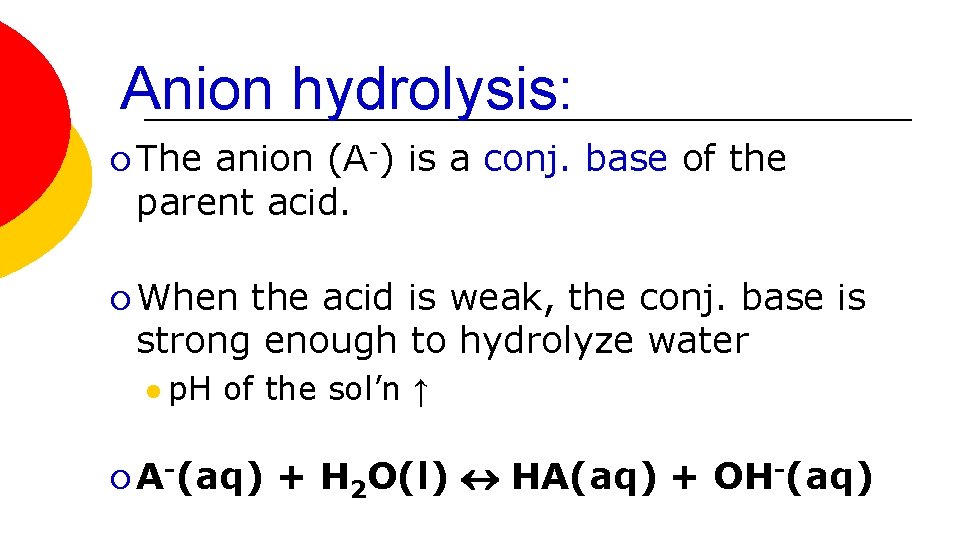 Anion hydrolysis: ¡ The anion (A-) is a conj. base of the parent acid.
