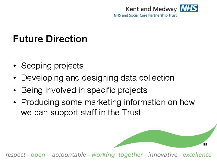 Future Direction • • Scoping projects Developing and designing data collection Being involved in