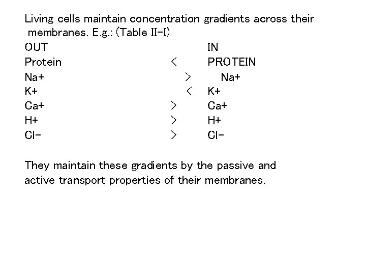 Living cells maintain concentration membranes. E. g. : (Table II-I) OUT Protein < Na+