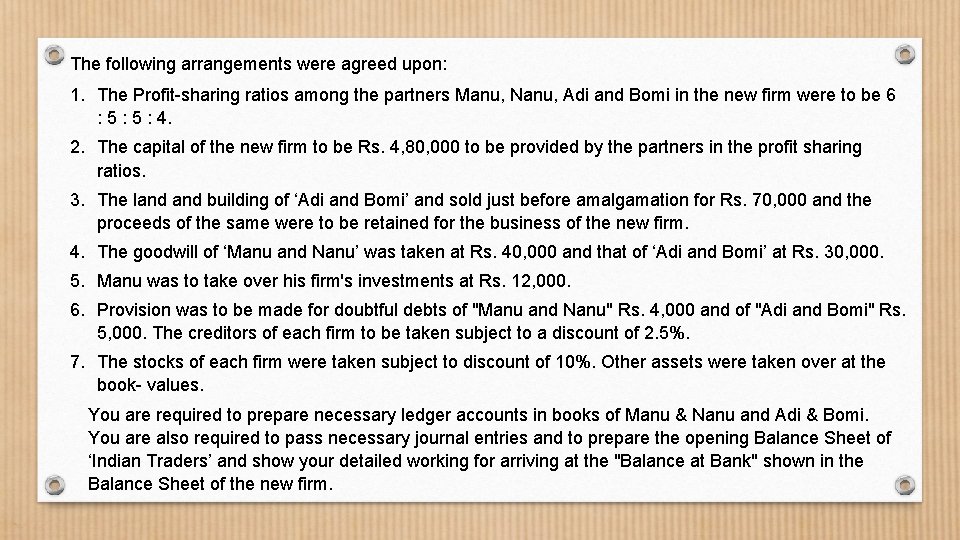 The following arrangements were agreed upon: 1. The Profit-sharing ratios among the partners Manu,