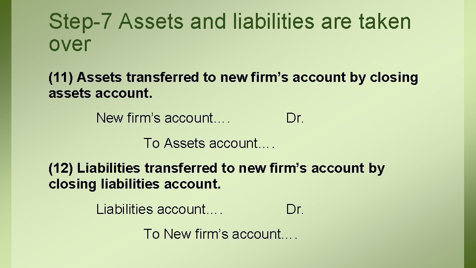 Step-7 Assets and liabilities are taken over (11) Assets transferred to new firm’s account