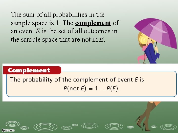 The sum of all probabilities in the sample space is 1. The complement of