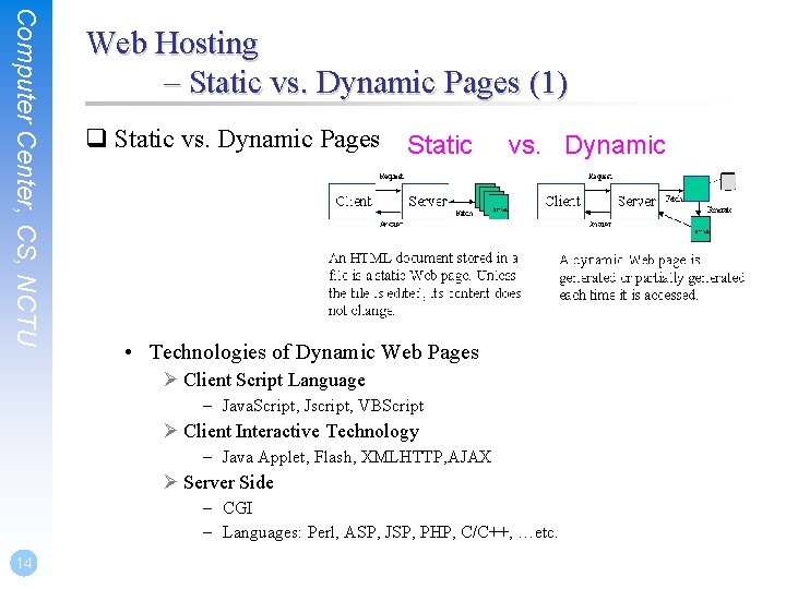 Computer Center, CS, NCTU Web Hosting – Static vs. Dynamic Pages (1) q Static
