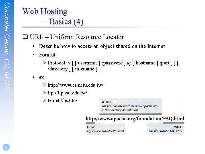 Computer Center, CS, NCTU 5 Web Hosting – Basics (4) q URL – Uniform