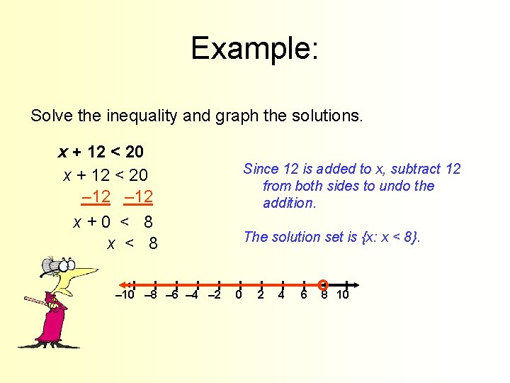 Example: Solve the inequality and graph the solutions. x + 12 < 20 –