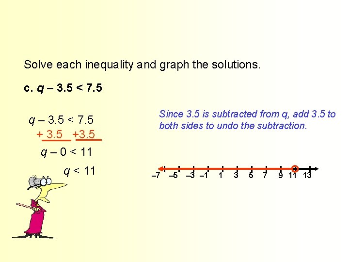 Solve each inequality and graph the solutions. c. q – 3. 5 < 7.