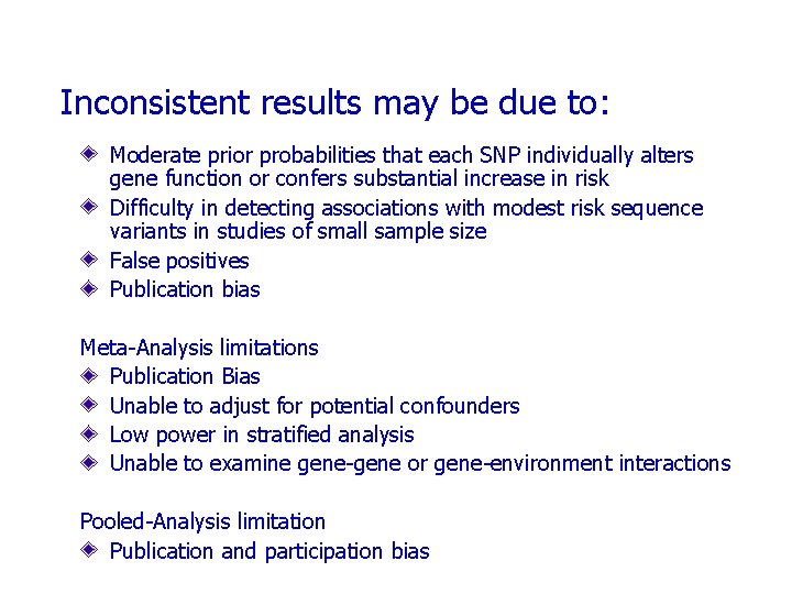 Inconsistent results may be due to: Moderate prior probabilities that each SNP individually alters