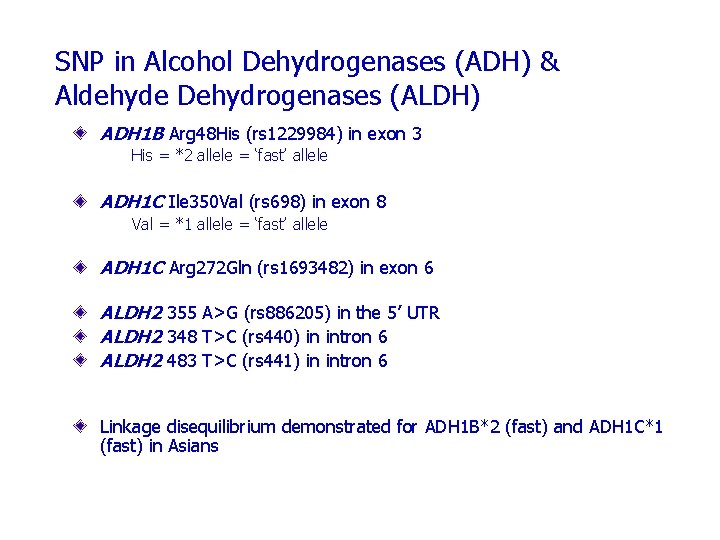 SNP in Alcohol Dehydrogenases (ADH) & Aldehyde Dehydrogenases (ALDH) ADH 1 B Arg 48
