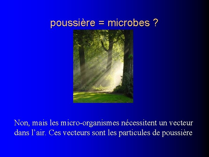 poussière = microbes ? Non, mais les micro-organismes nécessitent un vecteur dans l’air. Ces
