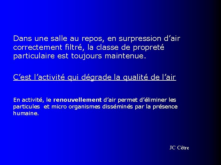 Dans une salle au repos, en surpression d’air correctement filtré, la classe de propreté