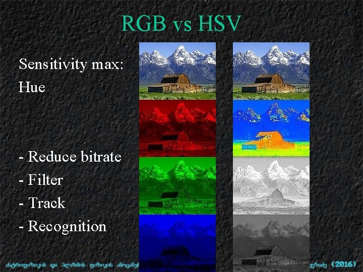 RGB vs HSV Sensitivity max: Hue - Reduce bitrate - Filter - Track -