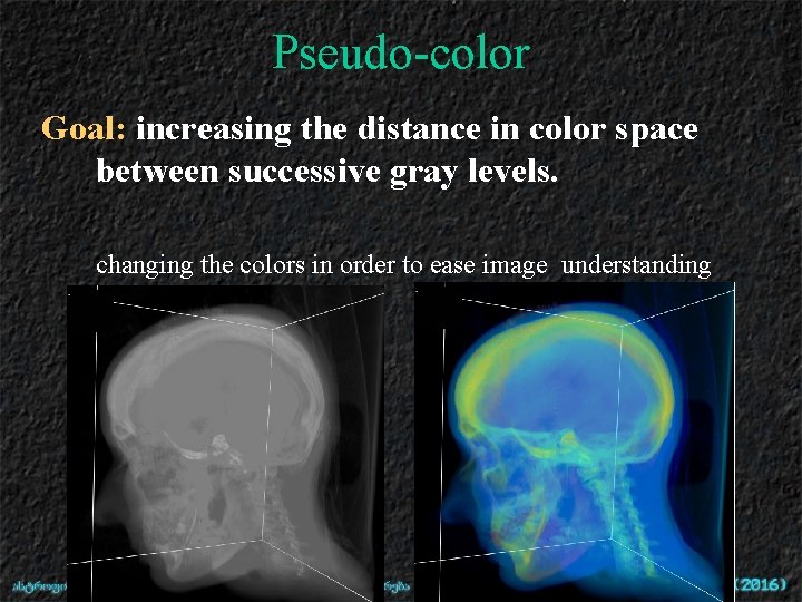 Pseudo-color Goal: increasing the distance in color space between successive gray levels. changing the