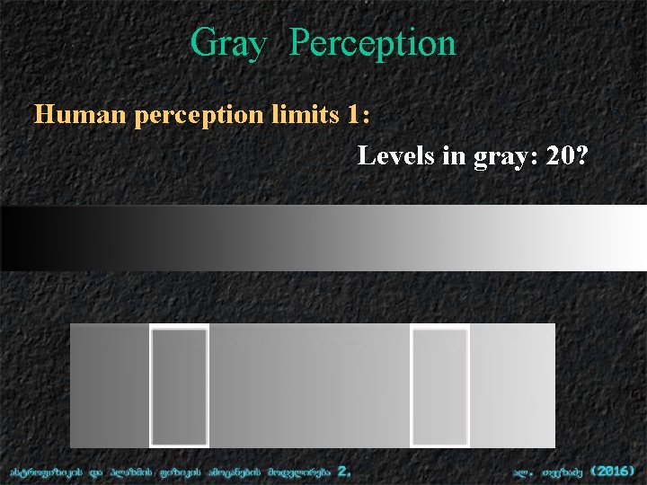 Gray Perception Human perception limits 1: Levels in gray: 20? 
