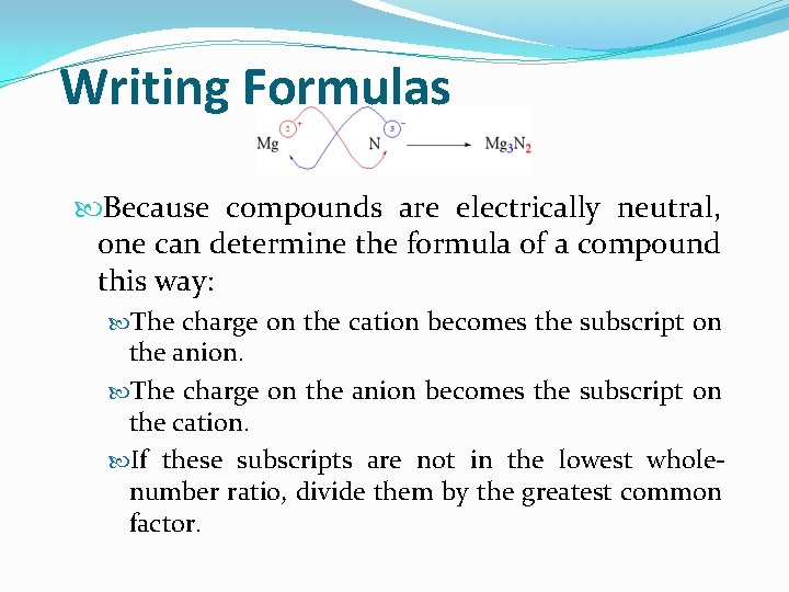 Writing Formulas Because compounds are electrically neutral, one can determine the formula of a