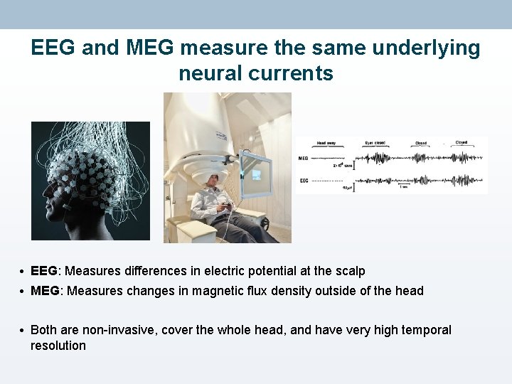 EEG and MEG measure the same underlying neural currents • EEG: Measures differences in