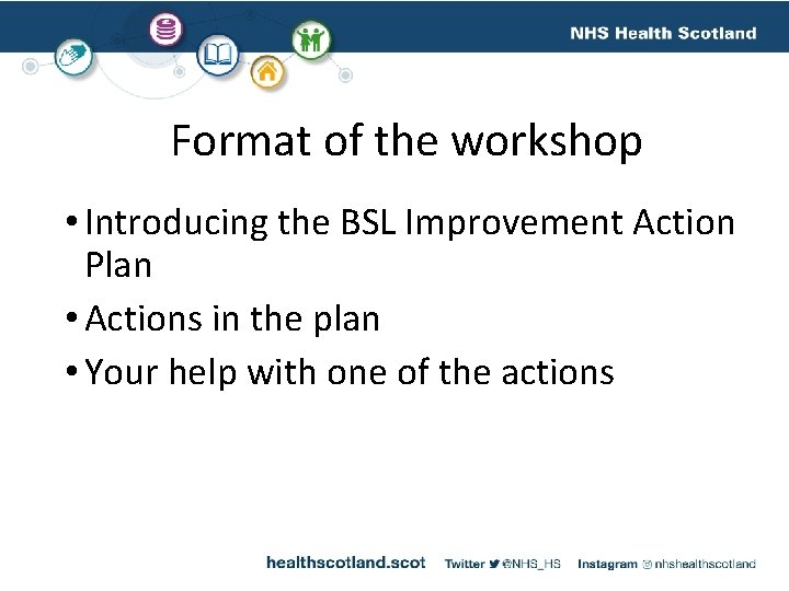 Format of the workshop • Introducing the BSL Improvement Action Plan • Actions in