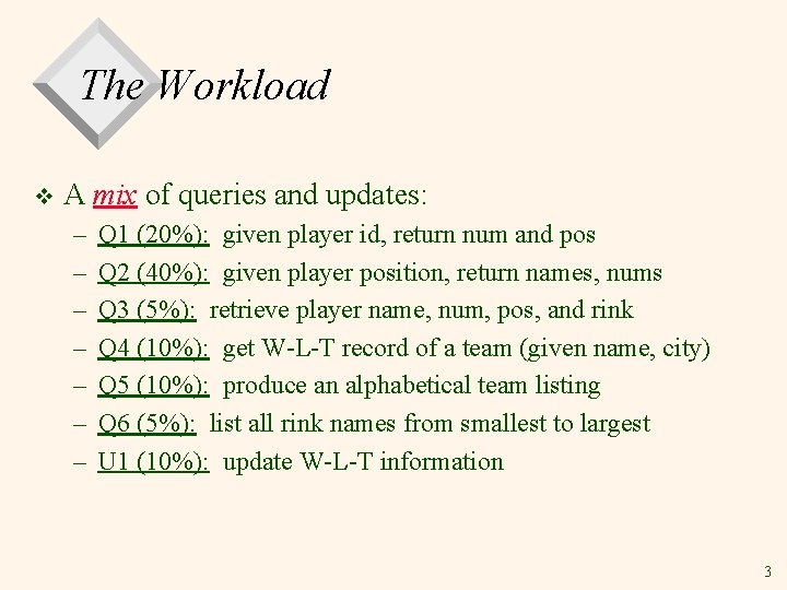 The Workload v A mix of queries and updates: – – – – Q The Workload v A mix of queries and updates: – – – – Q