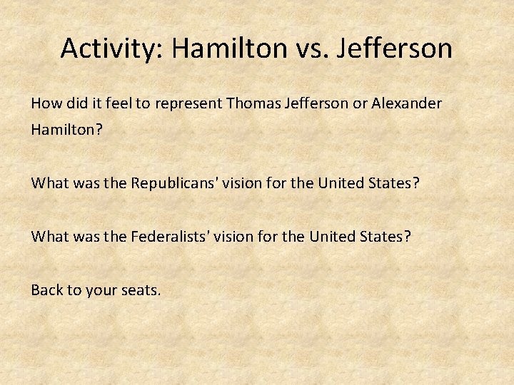 Activity: Hamilton vs. Jefferson How did it feel to represent Thomas Jefferson or Alexander