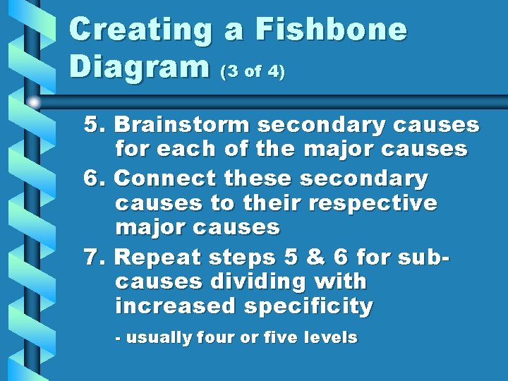 Creating a Fishbone Diagram (3 of 4) 5. Brainstorm secondary causes for each of