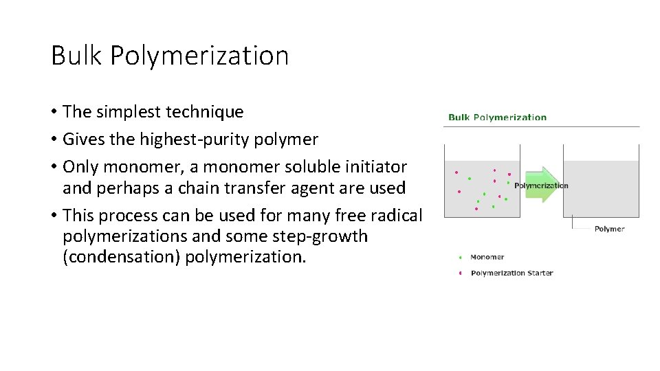 Bulk Polymerization • The simplest technique • Gives the highest-purity polymer • Only monomer,