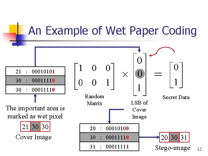 An Example of Wet Paper Coding ? × 21 : 00010101 30 : 00011110